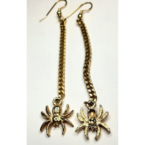 Gold Spider Drop Dangle Earrings 3.5" Unmarked Halloween Costume Jewelry Boho... - Picture 11 of 11